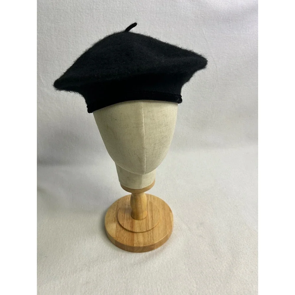 French Chic Dark Academia Target Womens OS Black Wool Blend Velvet Trim Beret
